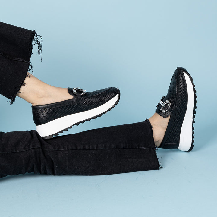 Cornet Kadın Hakiki Deri Siyah Dolgu Topuk Loafer Ayakkabı