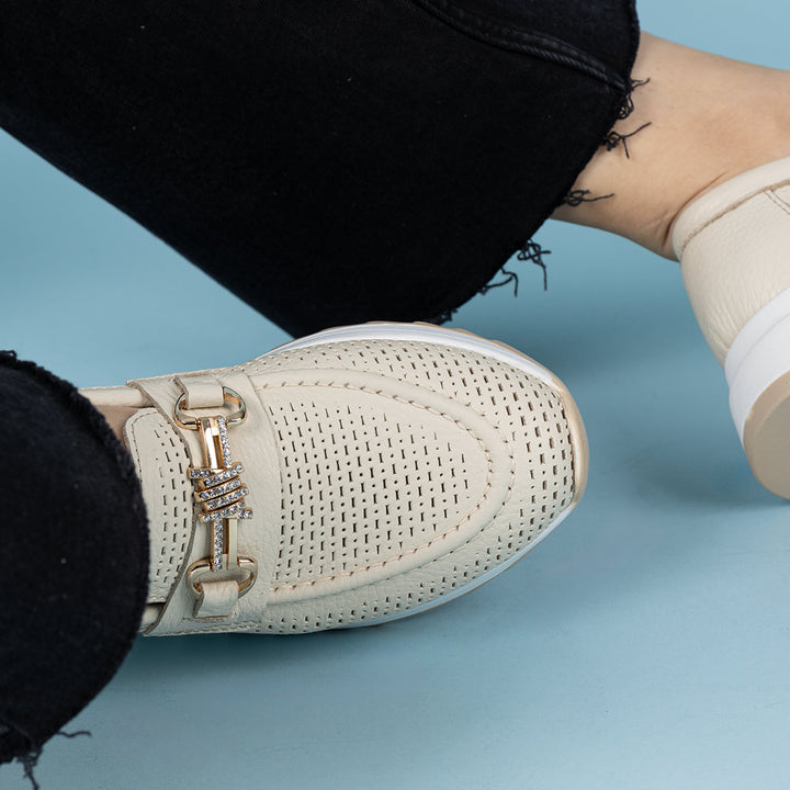 Salemo Kadın Hakiki Deri Bej Dolgu Topuk Loafer Ayakkabı