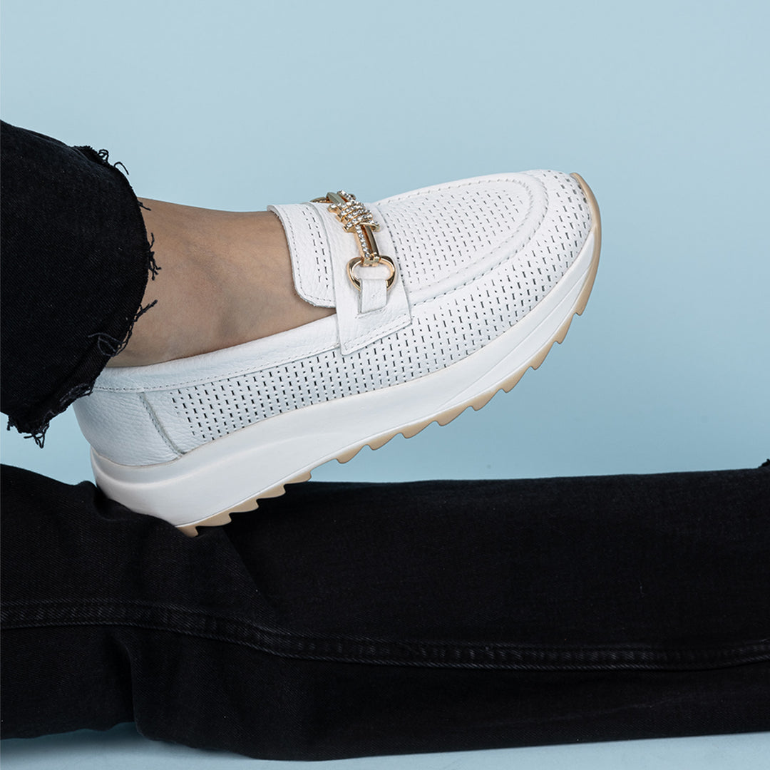 Salemo Kadın Hakiki Deri Beyaz Dolgu Topuk Loafer Ayakkabı