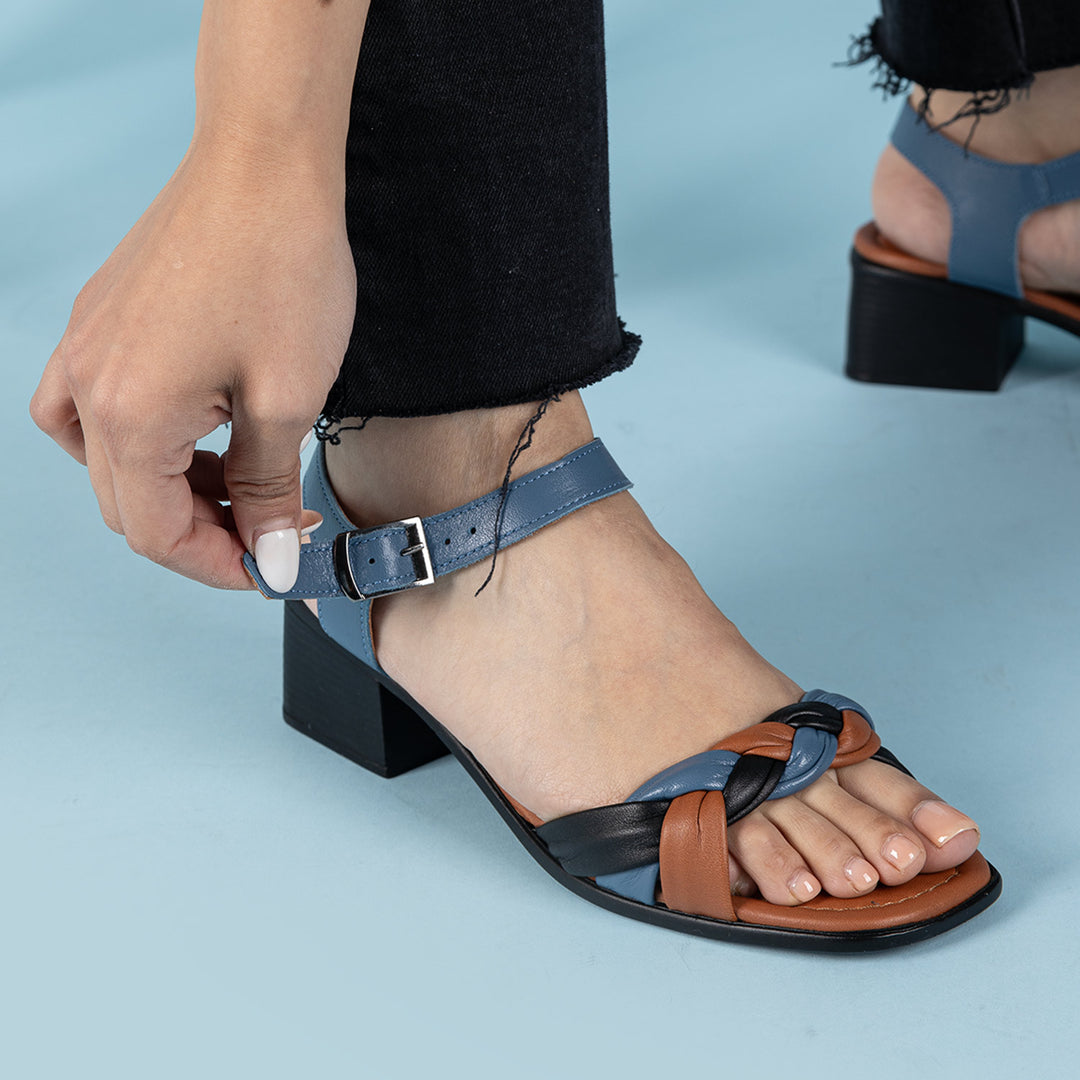 Folit Kadın Hakiki Deri Mavi Siyah Topuklu Ayakkabı